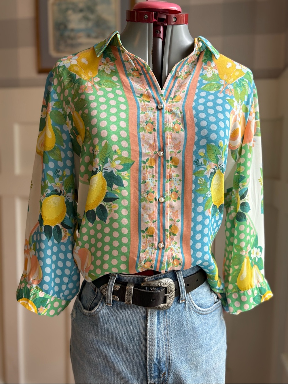 Rose & Olive Lemon & Dot Print Button-Down Shirt - Yellow, Green, Blue, Pink 1X